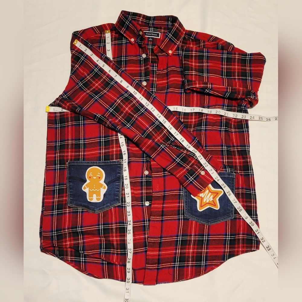 UPCYCLED REMADE REFASHIONED Red Plaid Cookie Baking Crew Shirt SZ LARGE - Picture 5 of 5